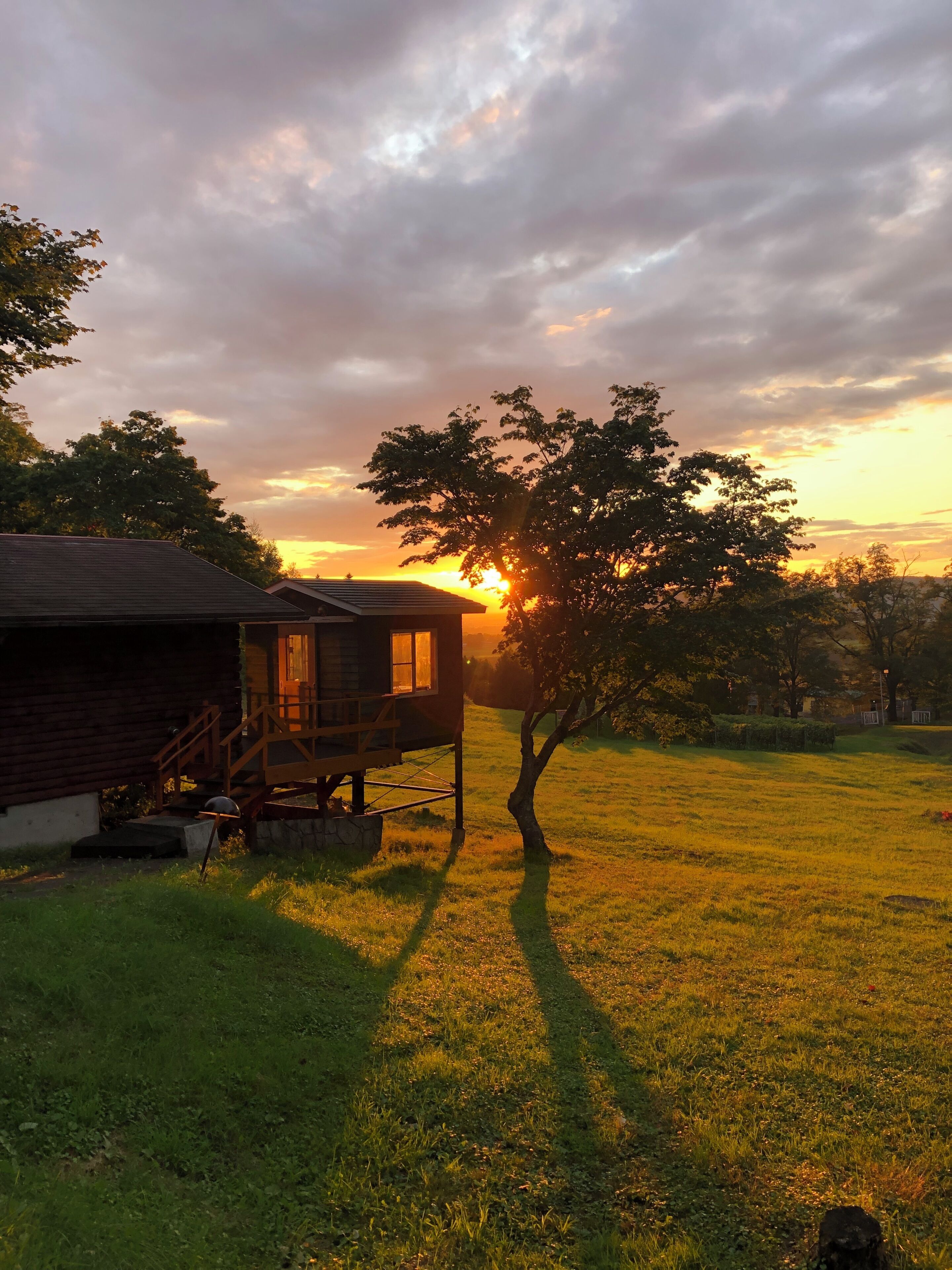 A wooden cabin with a deck, surrounded by grass and trees, during sunset.