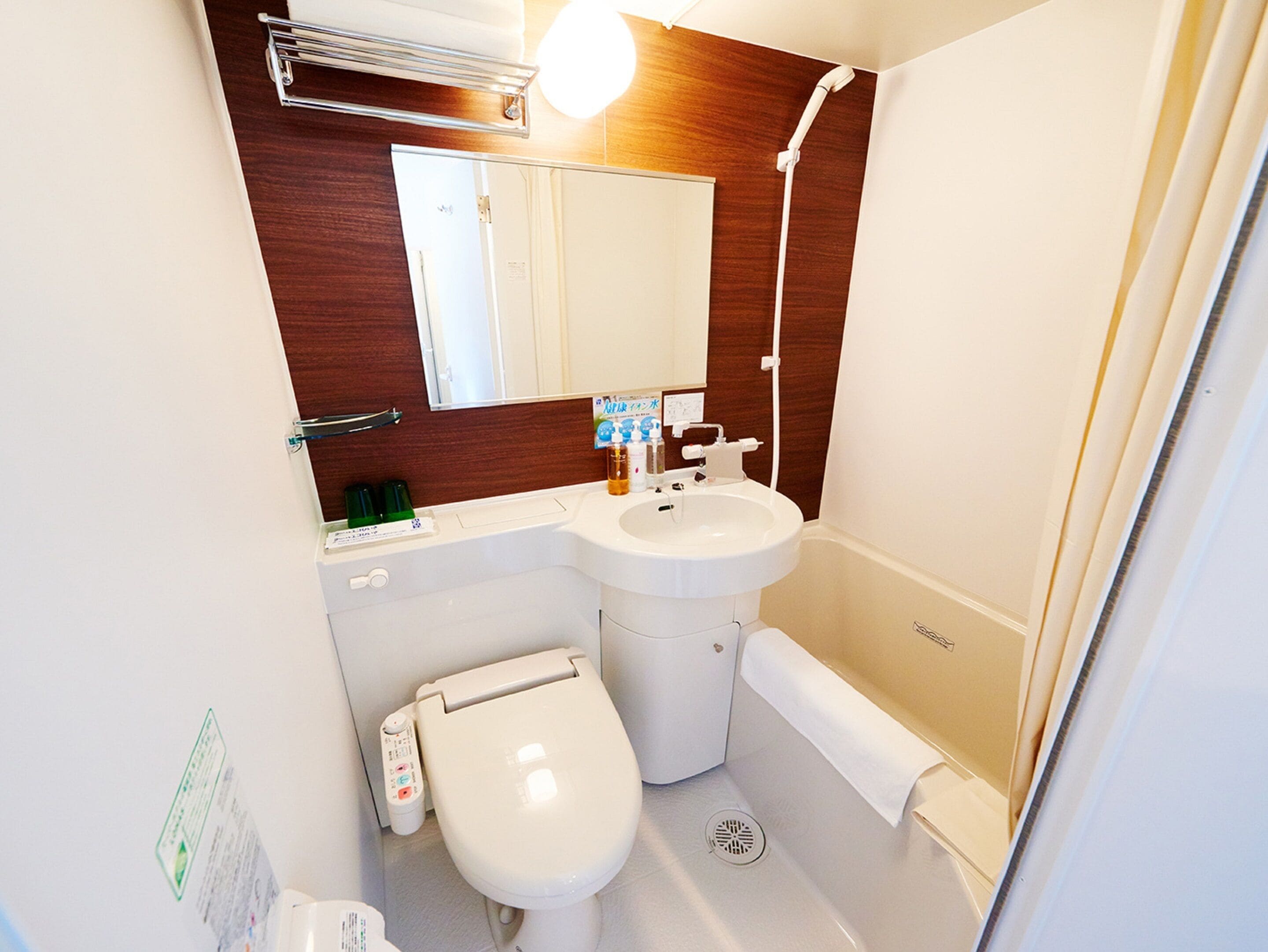 combined shower/bathtub, free toiletries, hair dryer, slippers