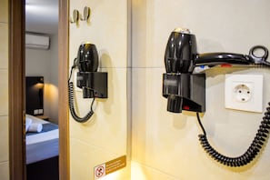 Shower, rainfall showerhead, hair dryer, slippers