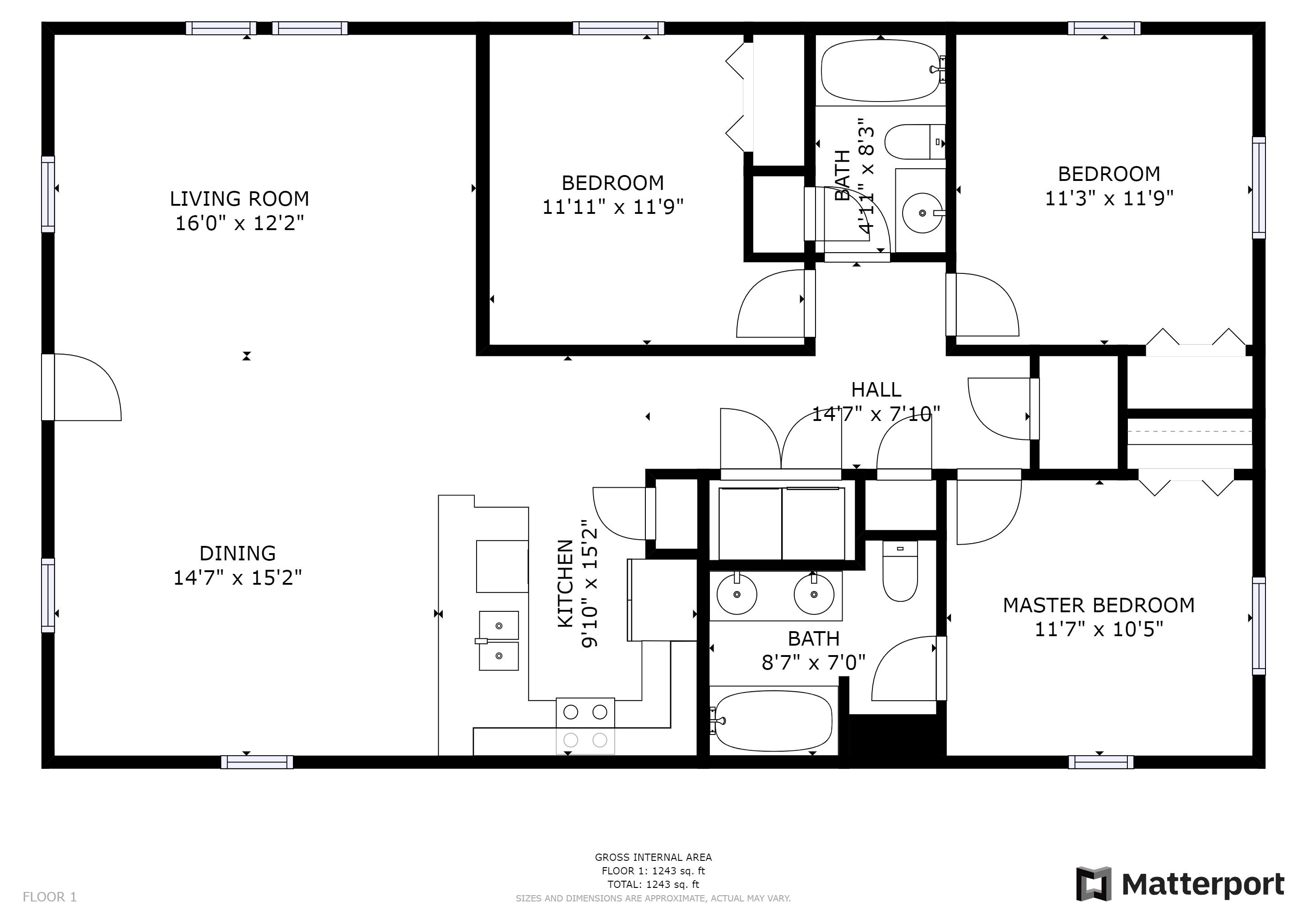 A floor plan of a house with a living room, two bedrooms, a master bedroom, a dining area, a kitchen, and a bathroom.