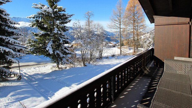 A balcony with a view of snow-covered trees and mountains.
