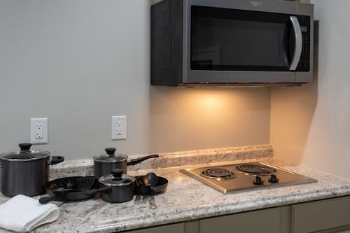 Full-size fridge, microwave, oven, stovetop