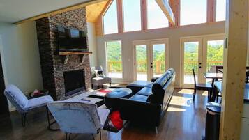 Smart TV, fireplace, books