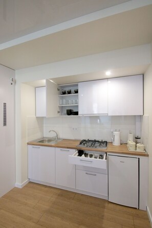 Fridge, microwave, stovetop, coffee/tea maker