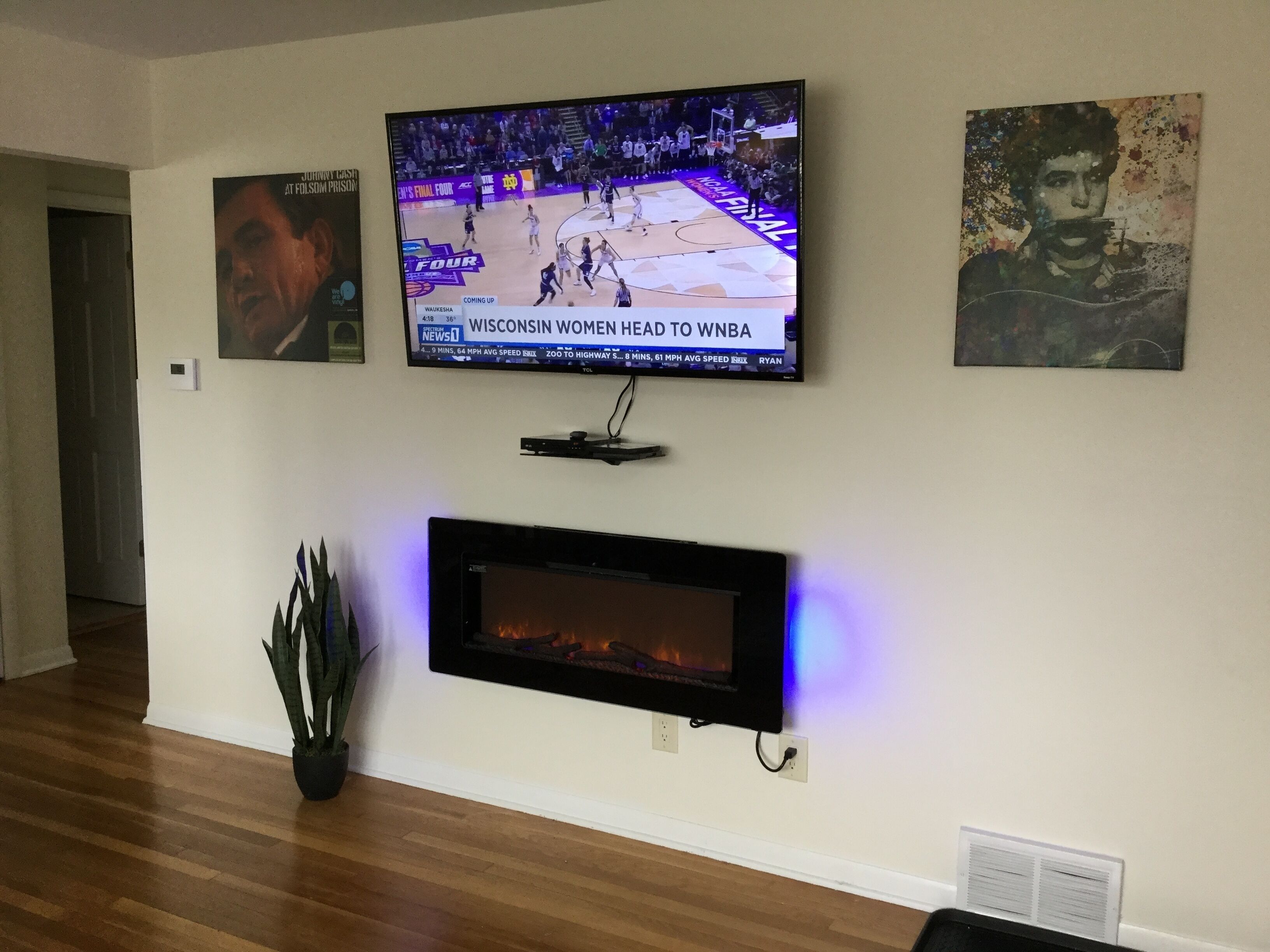 A living room with a flat-screen TV mounted on the wall, a fireplace below it, and a potted plant on the floor.