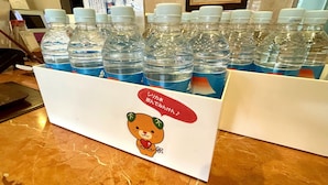 A display of water bottles with a cartoon bear sticker on a white box.