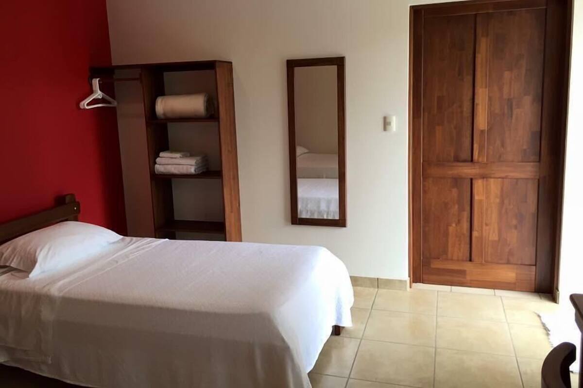 A bedroom with a bed, a wooden wardrobe, a mirror, and a door.