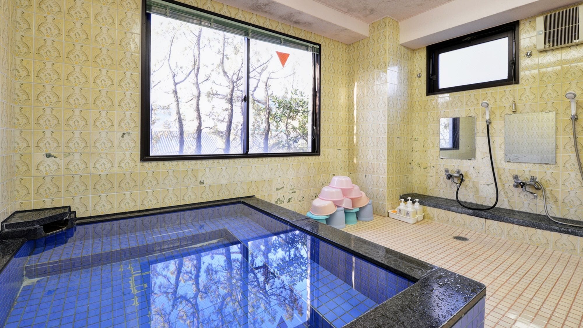 Une salle de bain dotée d’une grande baignoire, d’une fenêtre donnant sur la verdure et d’un espace douche.