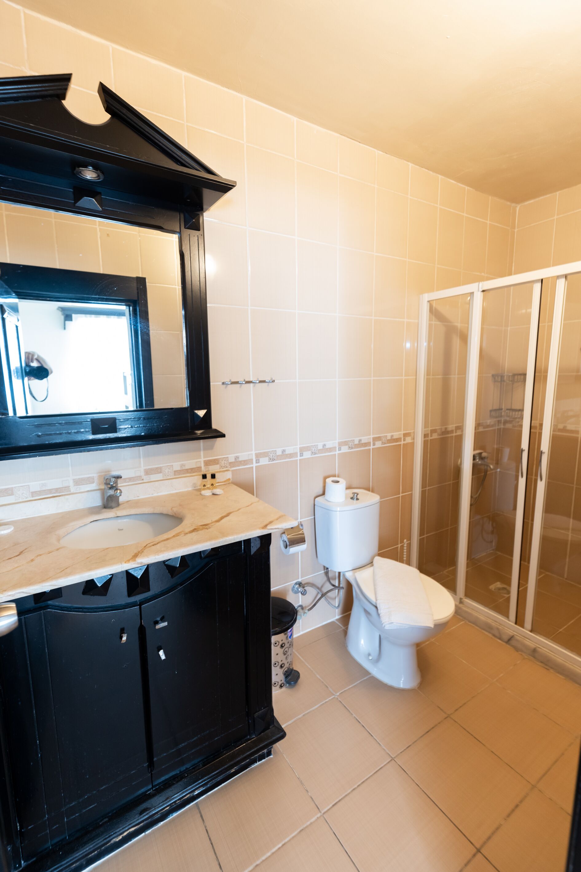 A bathroom with a black vanity, a white sink, a toilet, and a glass shower enclosure.