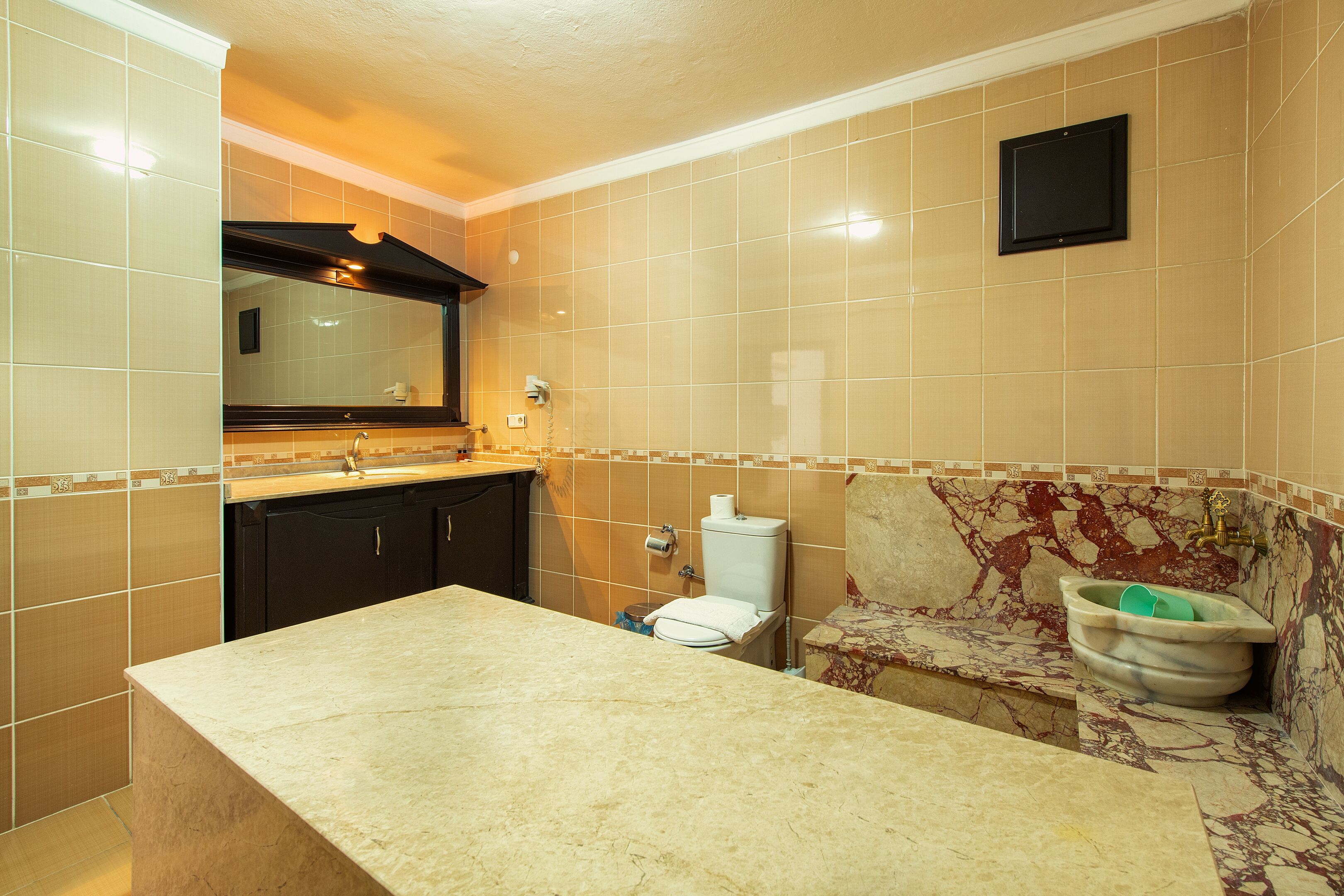 Un baño con lavamanos de mármol, inodoro, espejo y zona de ducha.