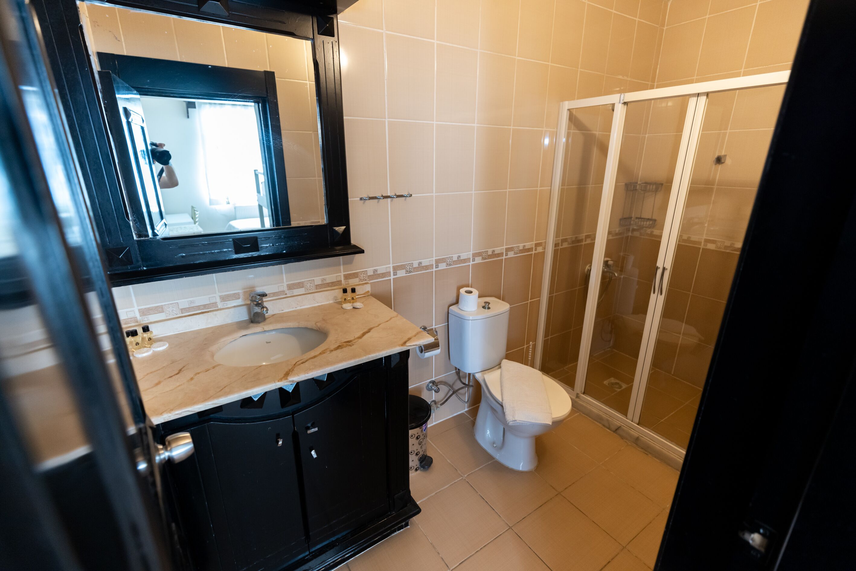 A bathroom with a marble sink, a toilet, and a glass-enclosed shower.