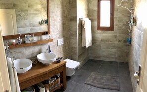 Combined shower/tub, hair dryer, towels, toilet paper
