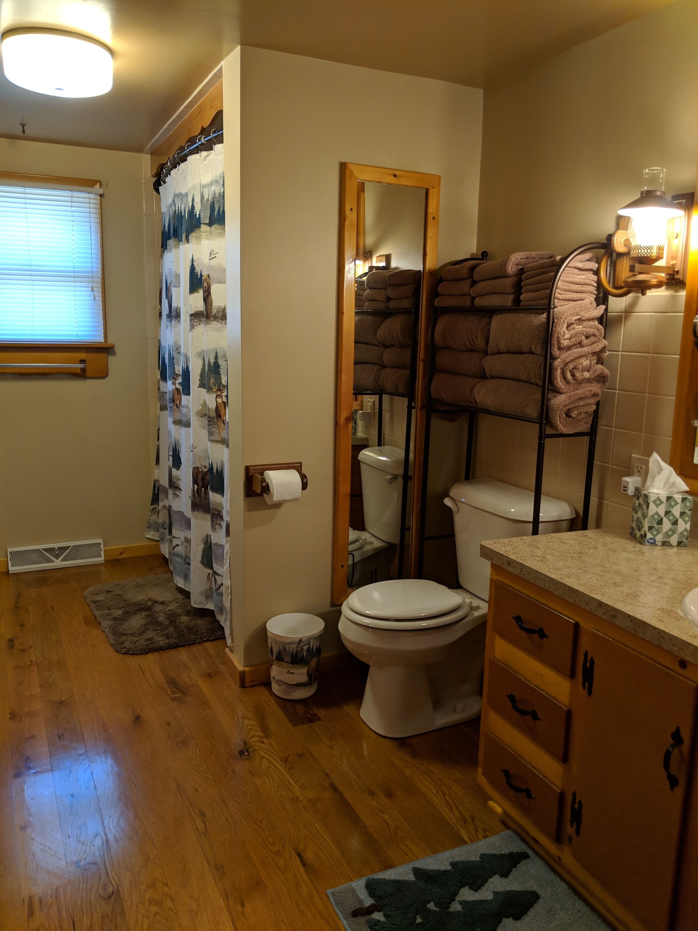 Combined shower/tub, hair dryer, towels, soap