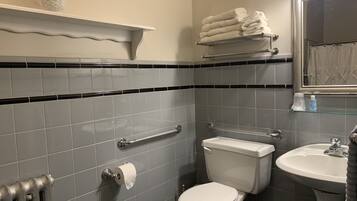 Un baño con inodoro, lavamanos y toallero.