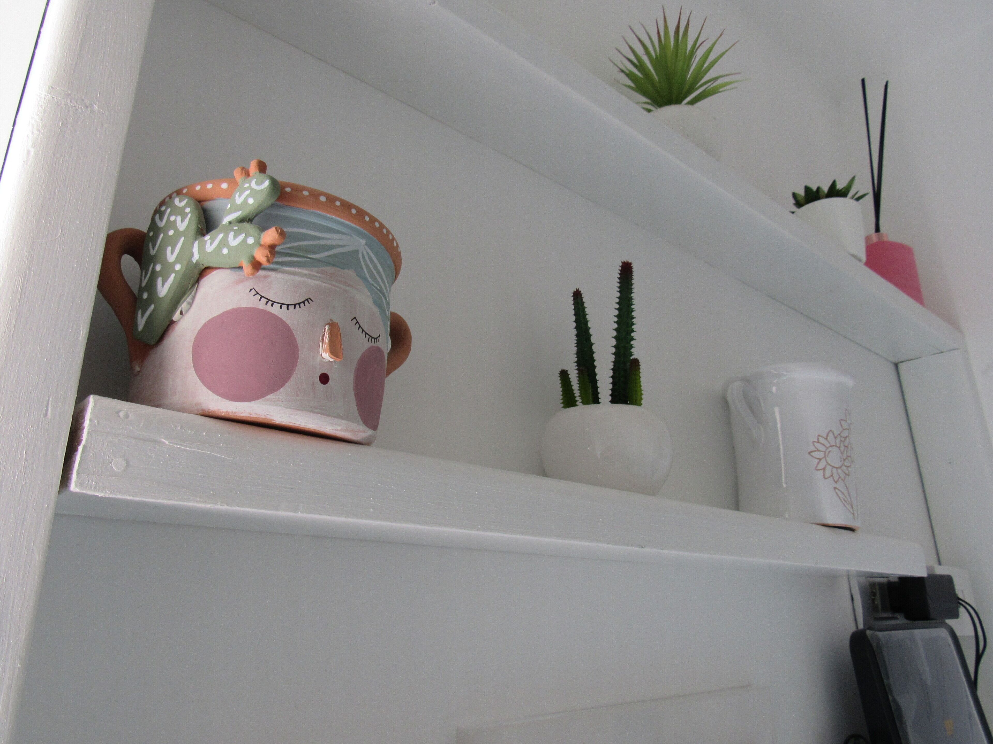 A shelf with a ceramic pig, two cacti, and a small plant.