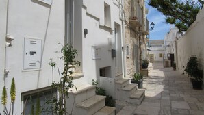Una calle estrecha con edificios blancos, escalones exteriores y macetas.