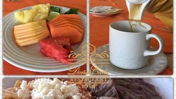 A breakfast setting with a plate of fruit, a cup of coffee, and a bowl of cereal.