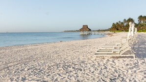 Ein Strand mit einer Reetdach-Hütte und Palmen.