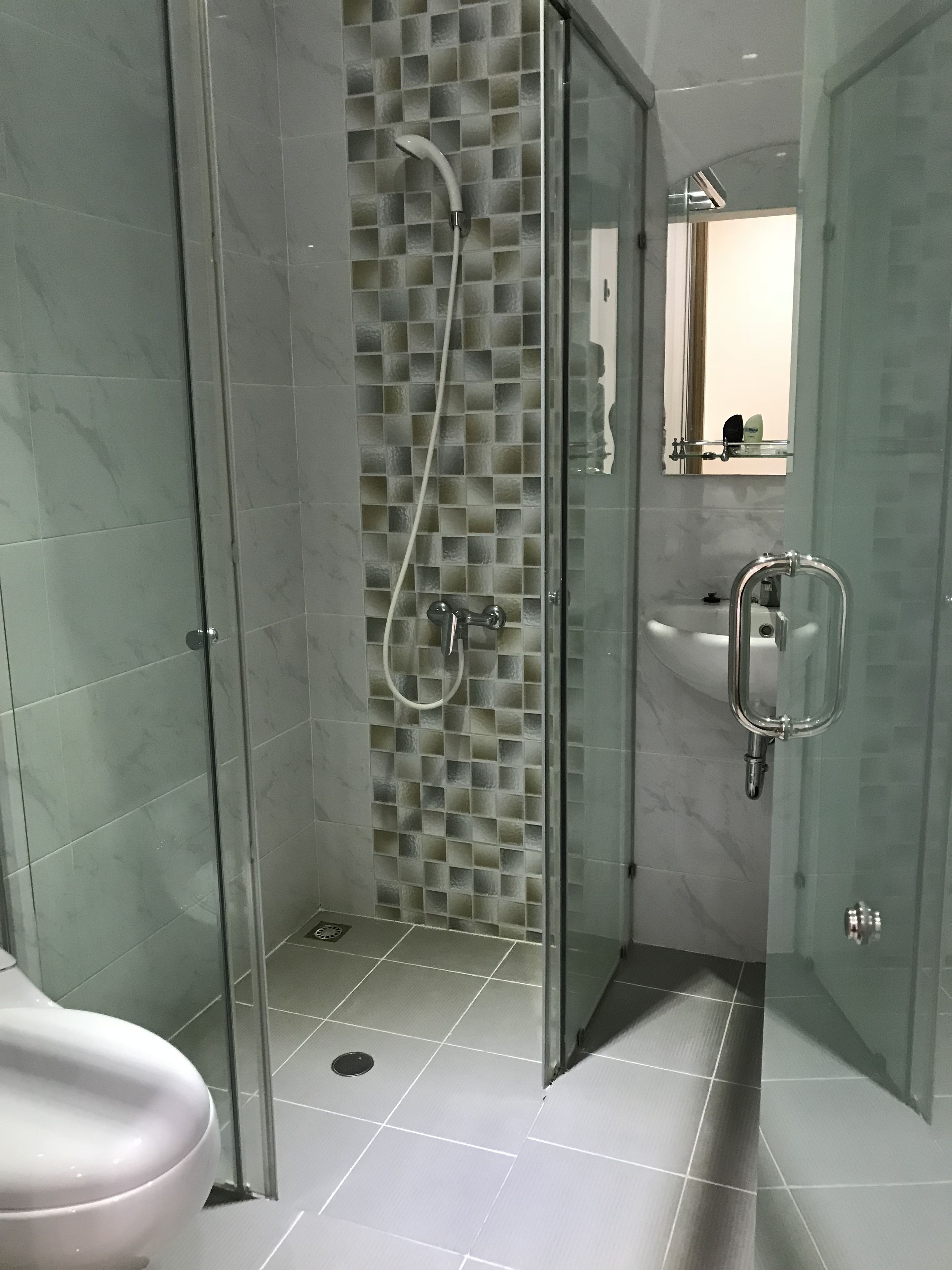 A modern bathroom with a glass-enclosed shower, a sink, and a toilet.