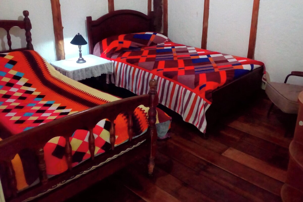 Una habitación con dos camas de madera, una mesita con una lámpara y una silla.
