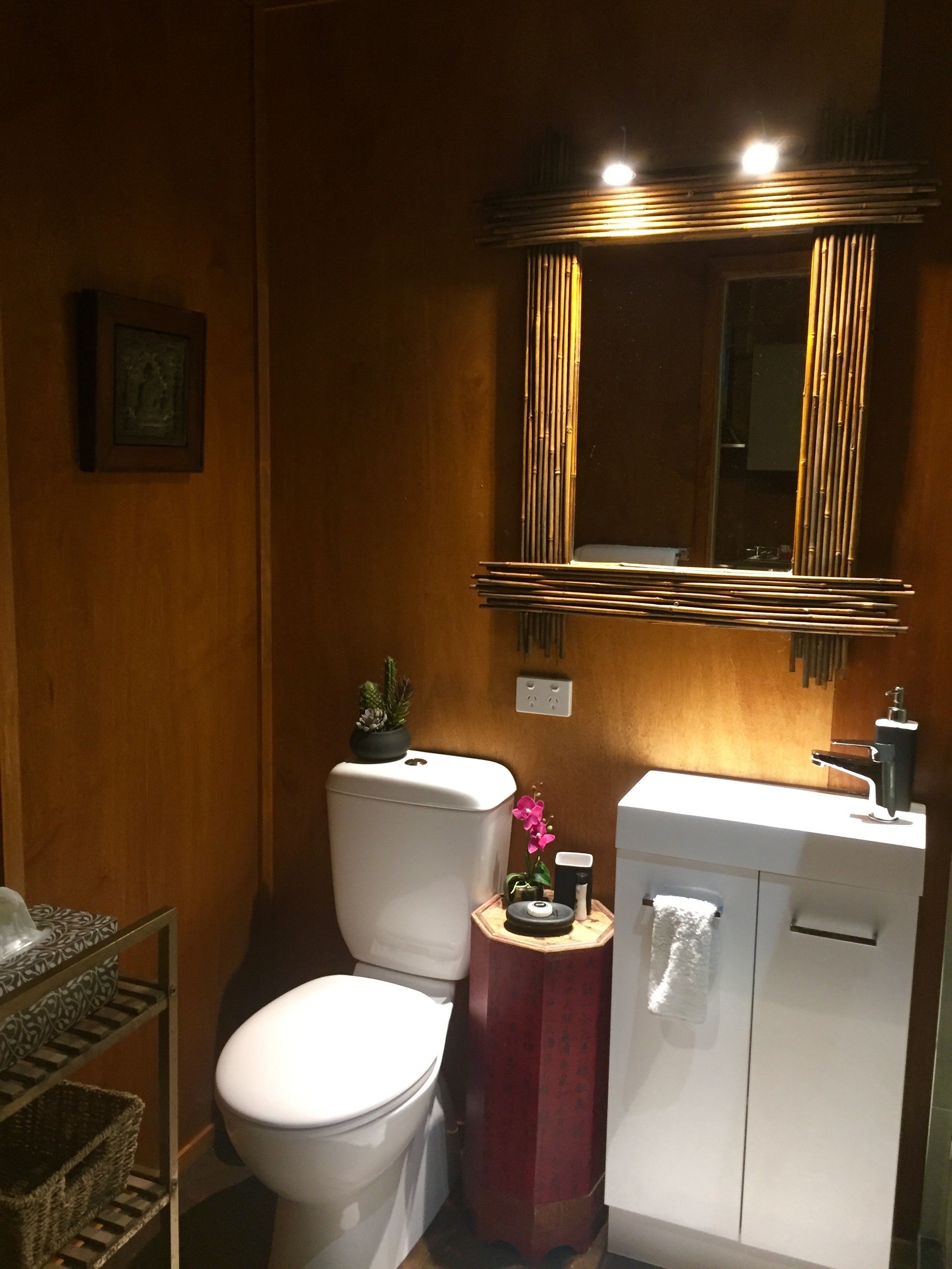 A bathroom with a toilet, sink, mirror, and a small shelf with a plant.