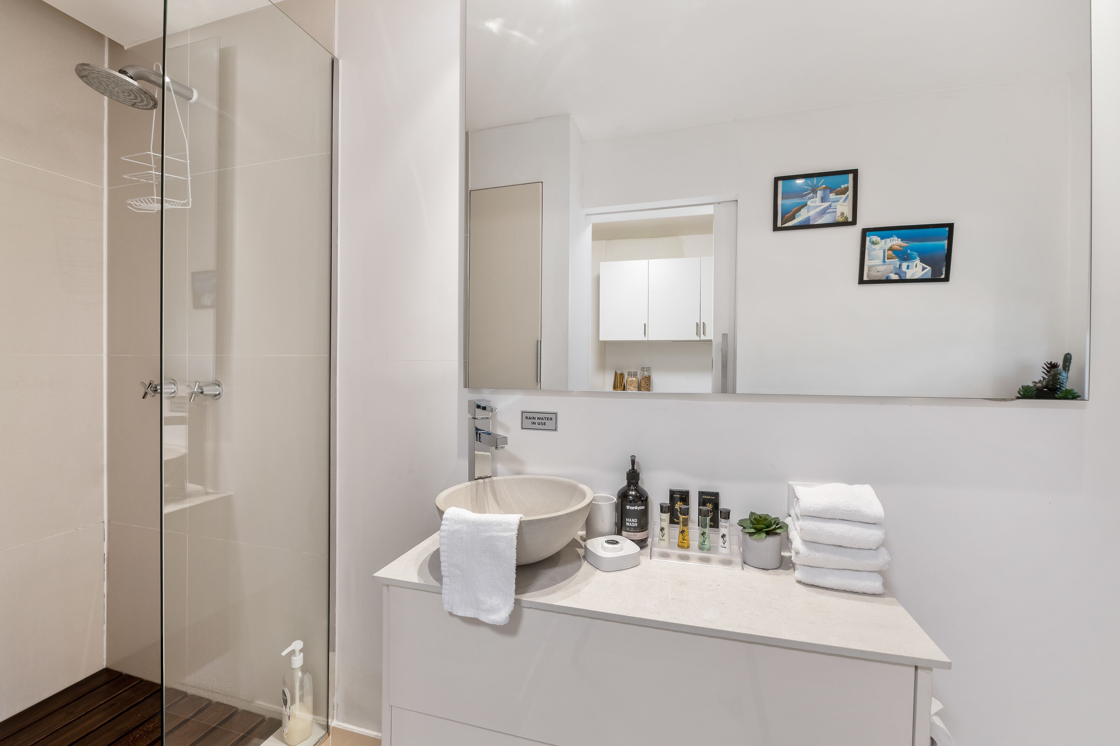 Appartement supérieur, 1 grand lit et 1 canapé-lit, vue sur le jardin | Salle de bain | Douche, douche cascade, articles de toilette (gratuits)