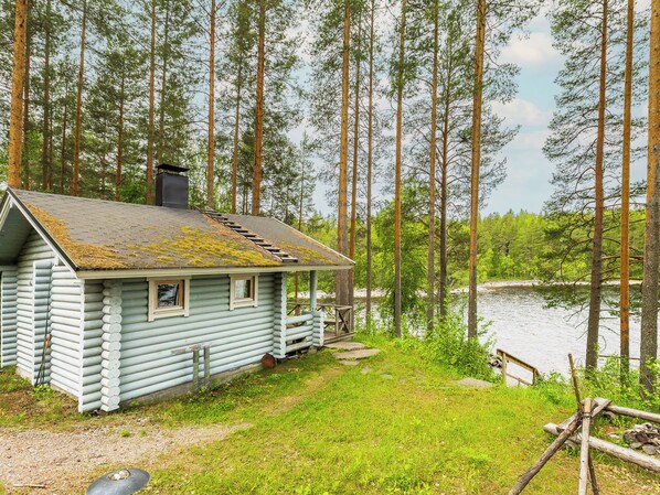 A rustic cabin with a sloped roof, a chimney, and a small porch. It is surrounded by tall pine trees and a body of water.