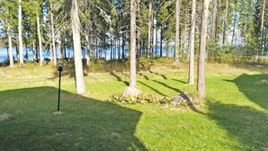 A grassy area with trees and a body of water in the background.
