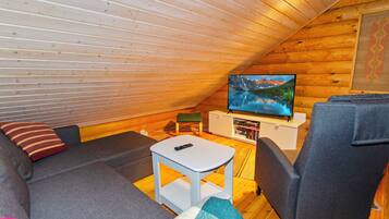 A cozy room with a wooden sloped ceiling, a television on a stand, a sofa, a chair, and a small table.