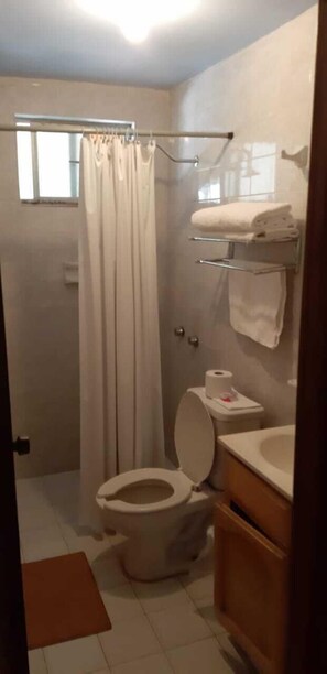 Double Room, 2 Double Beds, Courtyard View | Bathroom | Shower, towels