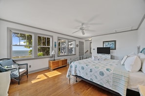 Une chambre à coucher comprenant un lit, une télévision, une commode, une chaise et de grandes fenêtres donnant sur l’océan.