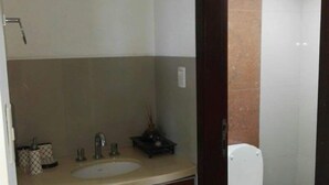 A bathroom with a sink, mirror, and toilet. - Santa Cruz Furnished Department (Santa Cruz)