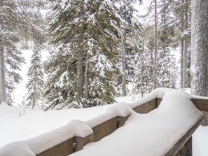 Un banco de madera cubierto de nieve, rodeado de árboles nevados en un bosque.