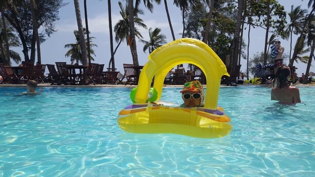 Une piscine à l’eau d’un bleu cristallin, entourée de palmiers et de chaises longues.