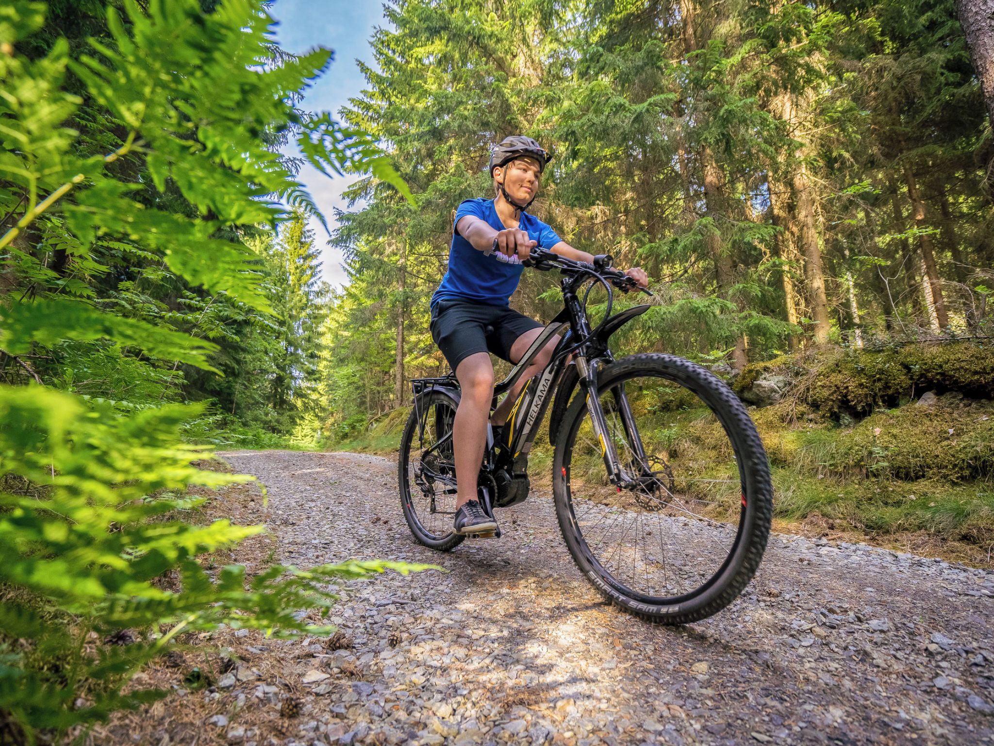A person riding a mountain bike on a gravel path surrounded by dense forest.