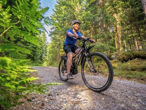 A person riding a mountain bike on a gravel path surrounded by dense forest. - Tainan tupa by Interhome (Sysmä)