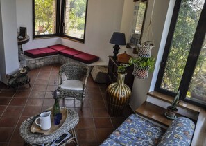 TV connectée, cheminée, livres, écrans d'ordinateur