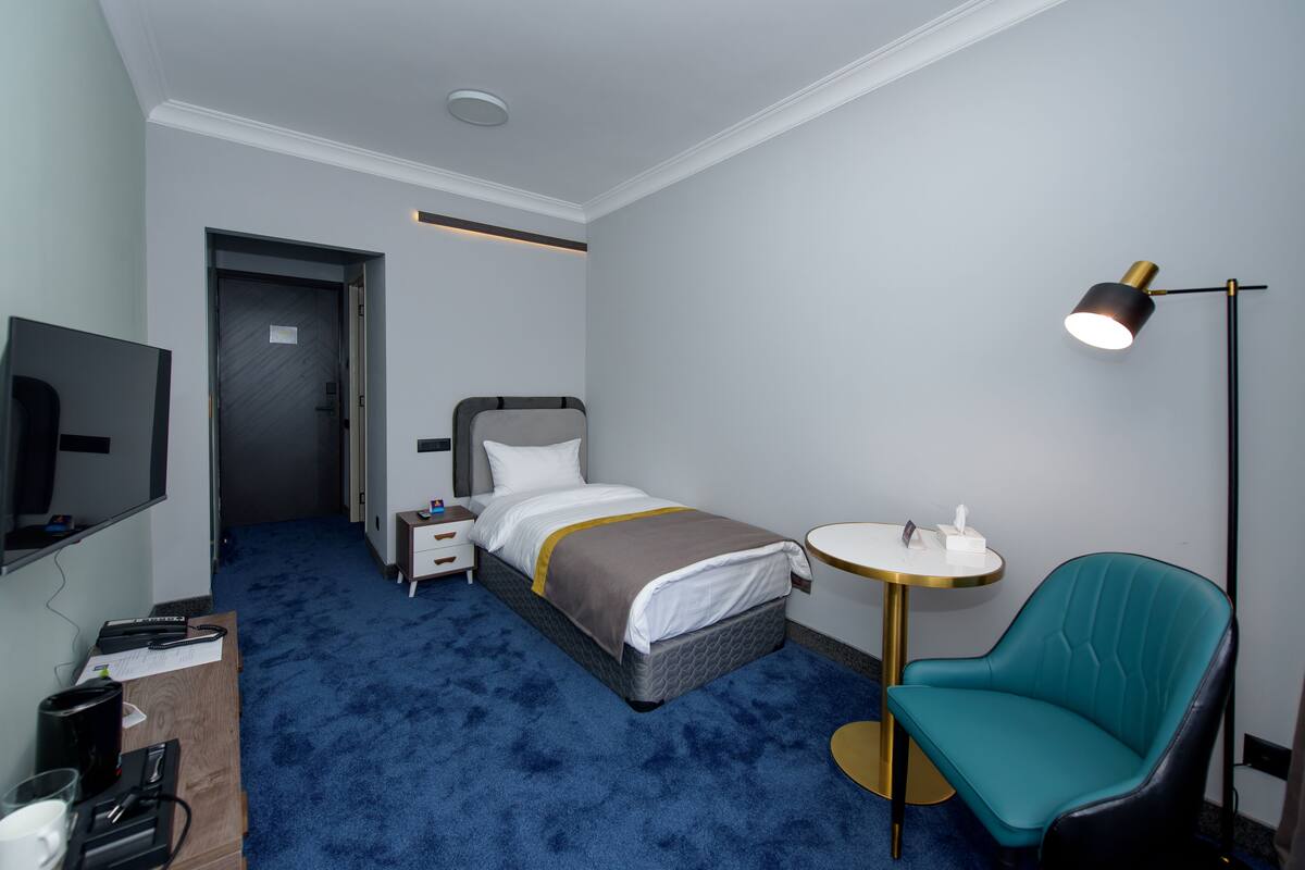 Quarto de hotel com cama, escrivaninha, cadeira, mesa de cabeceira, televisão e abajur.