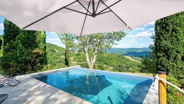 Una piscina con vista a un árbol y colinas.