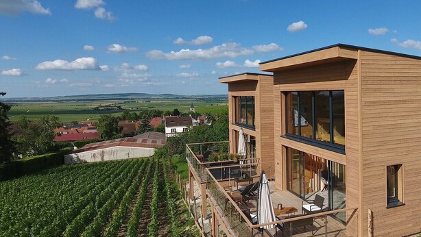 A modern two-story building with large windows and a balcony overlooking a vineyard.