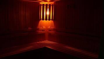 A sauna with wooden walls and benches.