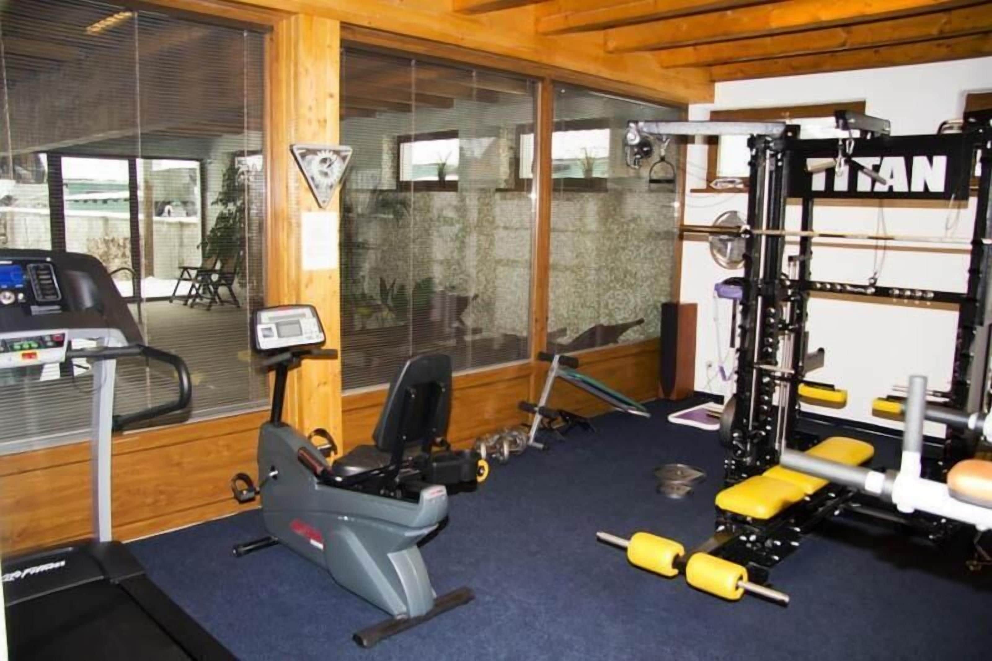 Un gimnasio con equipamiento cardiovascular, máquinas de pesas y una cinta de correr.