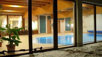 Indoor pool, seasonal outdoor pool, pool loungers