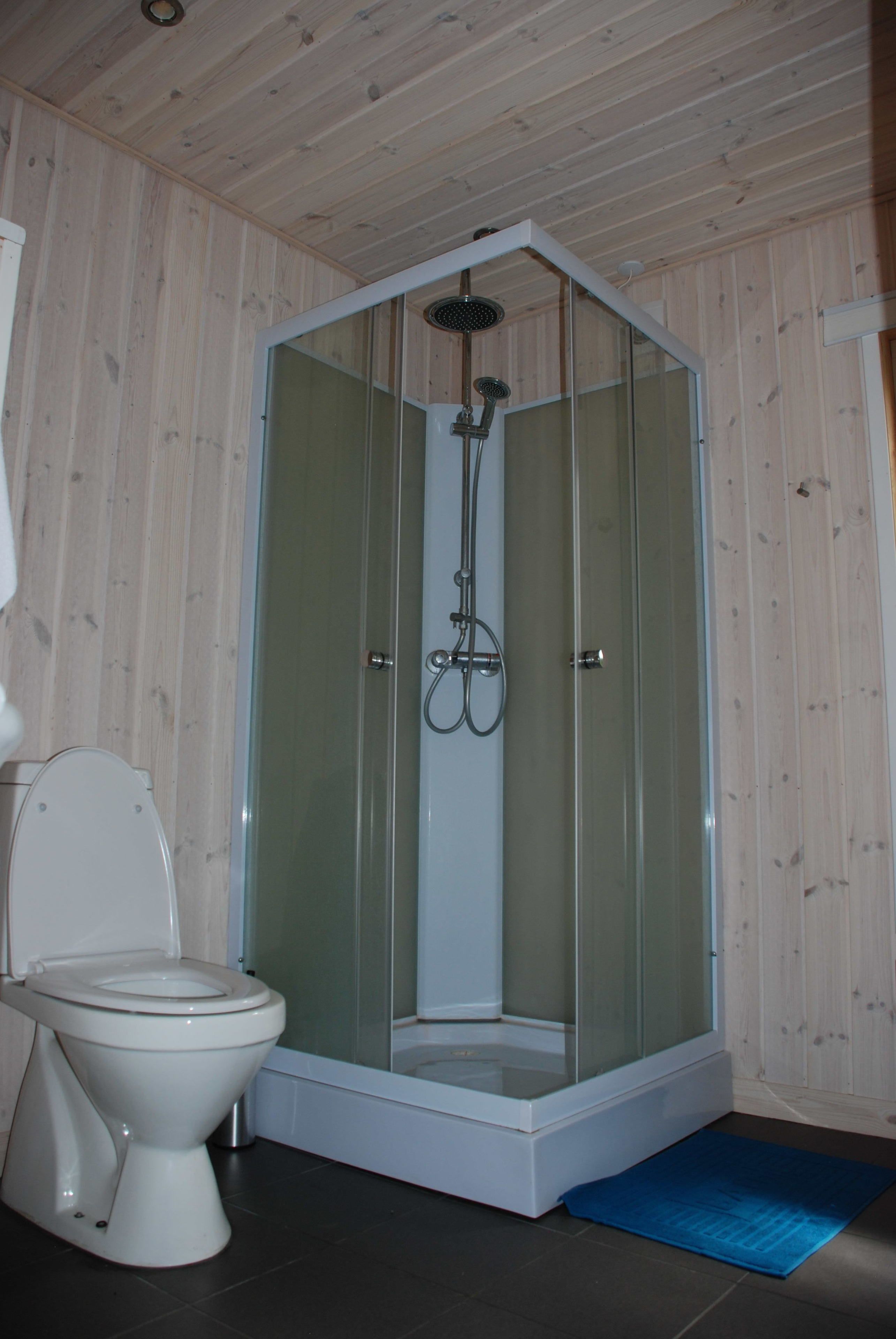 Un baño con ducha de mampara de vidrio, inodoro y paredes de madera.