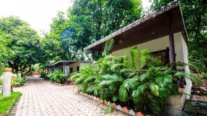 A pathway leading to a building with a tiled roof and surrounded by lush greenery. - Van Vihar Farm & Resort (Talala)