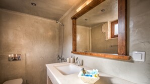A bathroom with a large mirror, a sink with toiletries, and a shower.