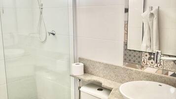 Shower, free toiletries, hair dryer, towels