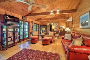 TV, fireplace, video library