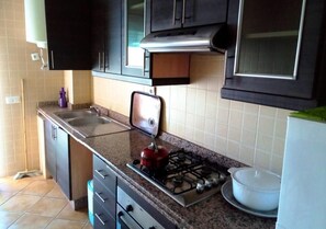 Fridge, oven, stovetop, cookware/dishes/utensils