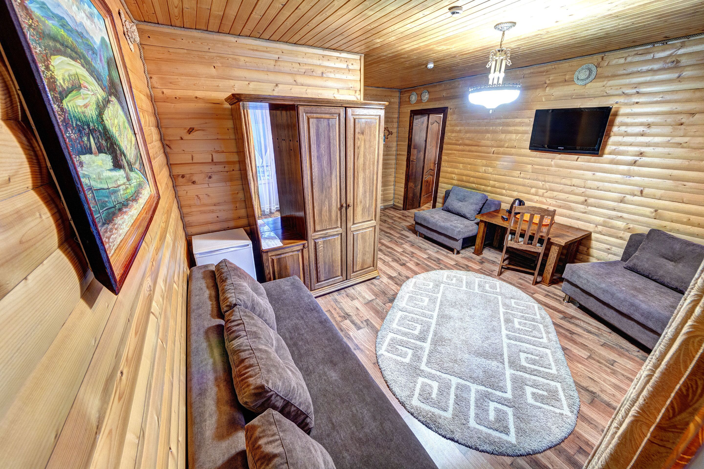 A log cabin interior with a sofa, chairs, a rug, a television, and a wardrobe.